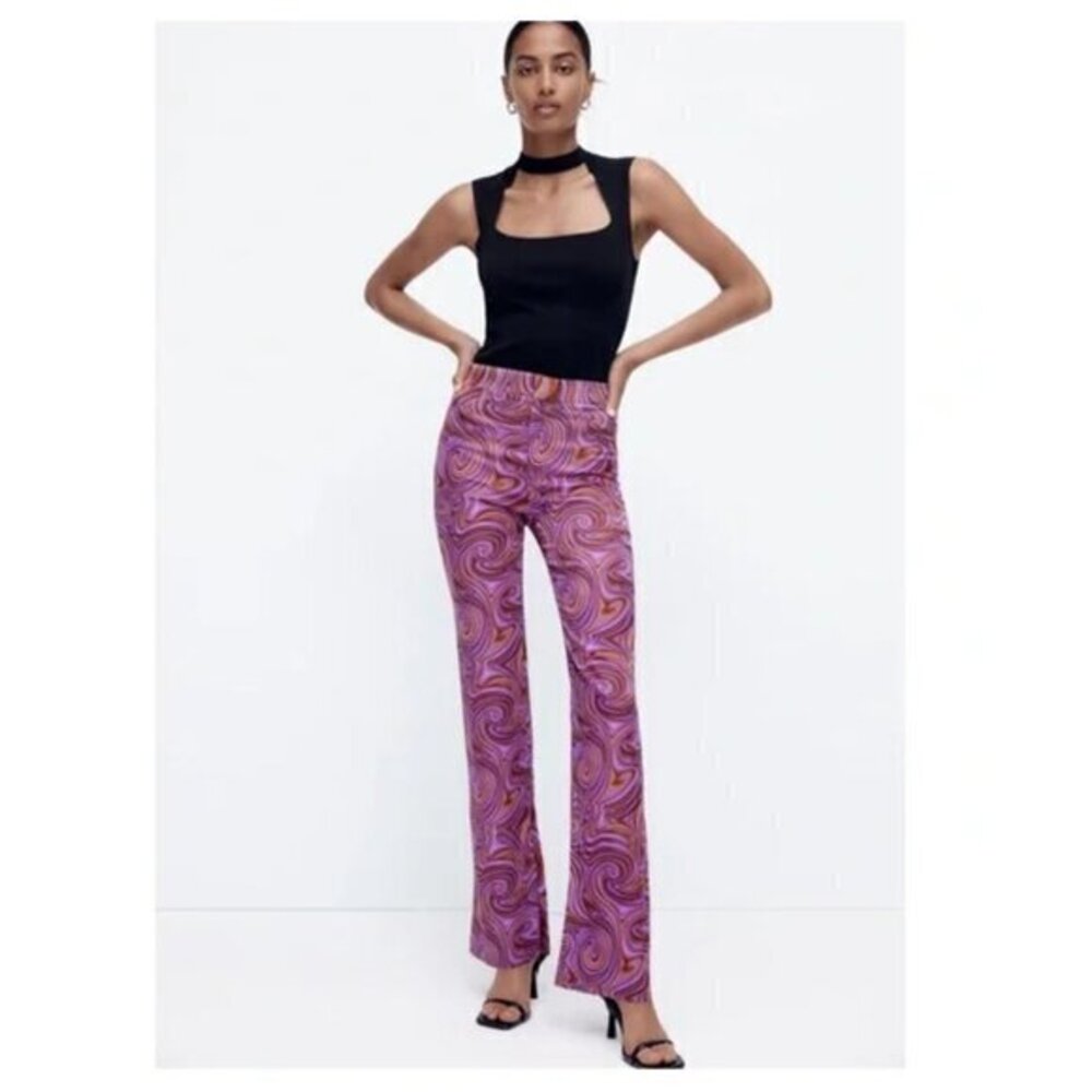 Zara Purple Psychedelic Geometric Flared Leg Trouser Pants